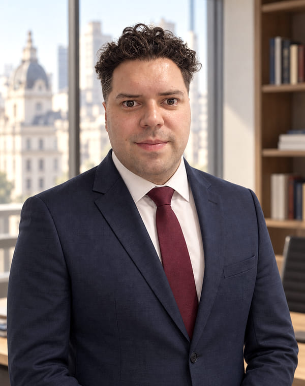 Ezequiel Alfredo Recaite, Productor Asesor de Seguros, con traje azul y corbata bordó, en una oficina con biblioteca y ventanal con vista a las cúpulas de Buenos Aires.
